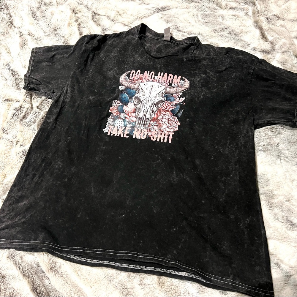 Black Cotton Tee with Skull & Floral Do No Harm Take No Sh!T T Shirt XL - Picture 2 of 7